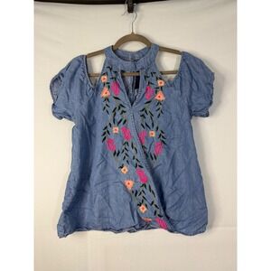 Blue Rain Cold Shoulder Embroidered Denim Top Women M Blue Excellent Floral Boho